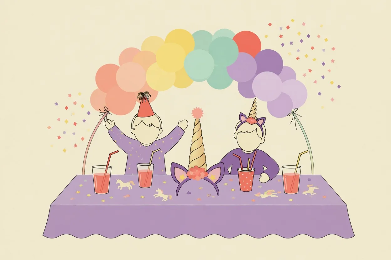 Illustration of a unicorn party table with a pastel rainbow balloon arch, a paper unicorn horn centerpiece on a headband, and glasses of pink lemonade with striped straws