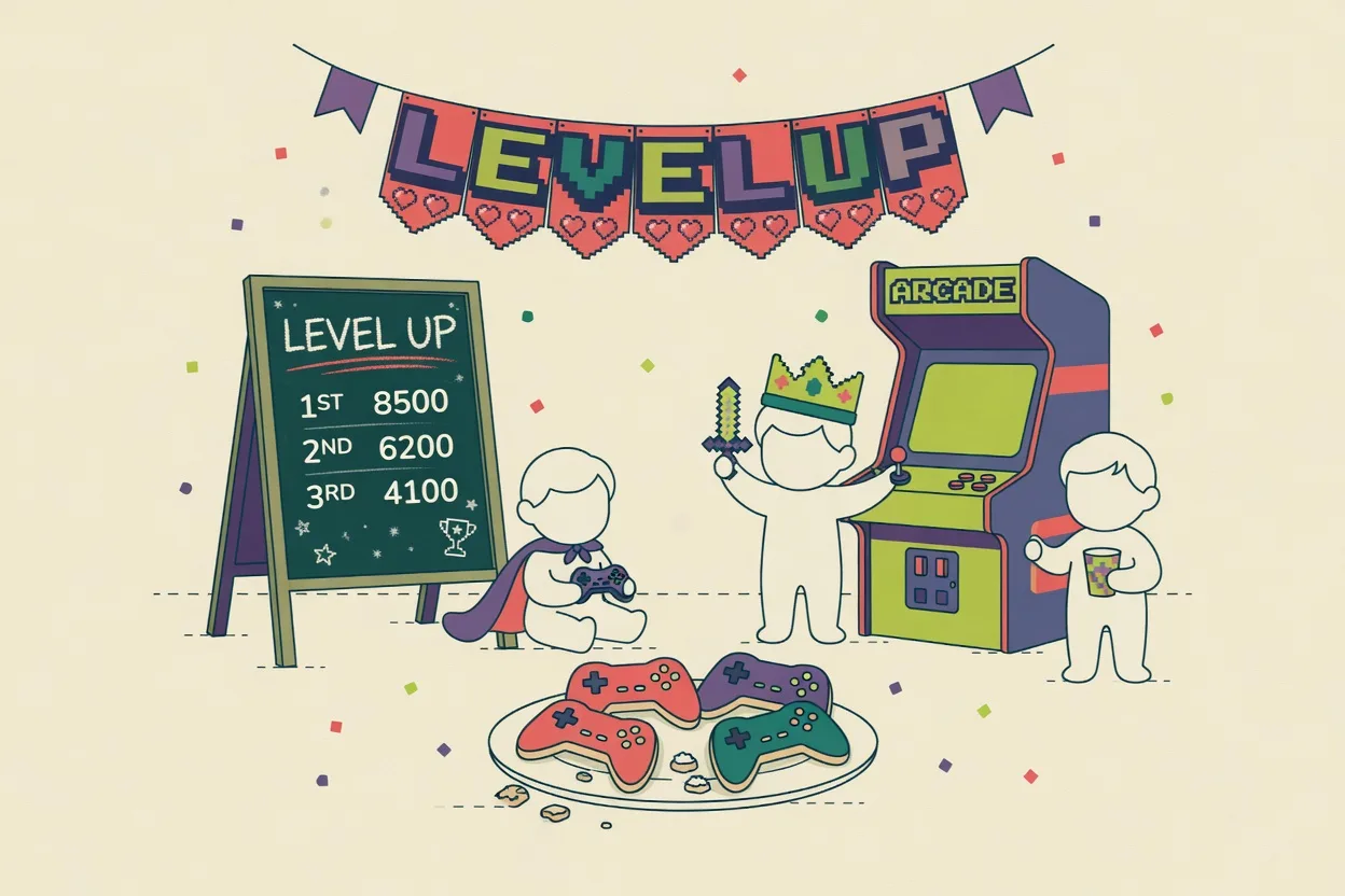 Illustration of a kids' video game party with a pixel-art banner, cardboard arcade cabinet cutout, controller-shaped cookies and a chalkboard scoreboard reading Level Up